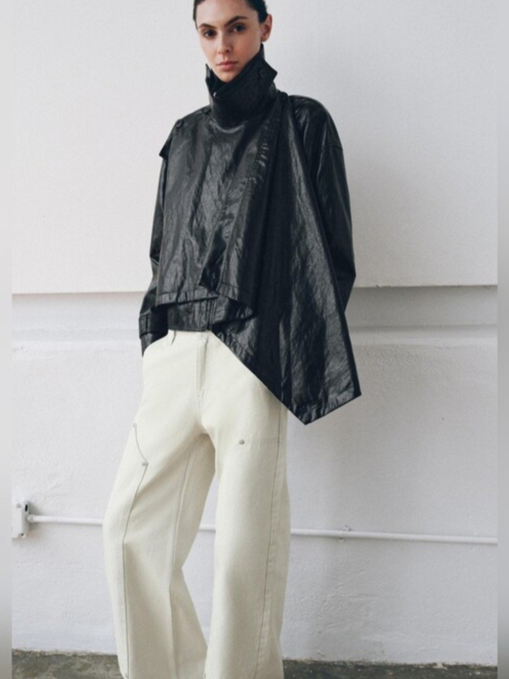 Zara Black Asymmetrical High-Neck Leather Jacket